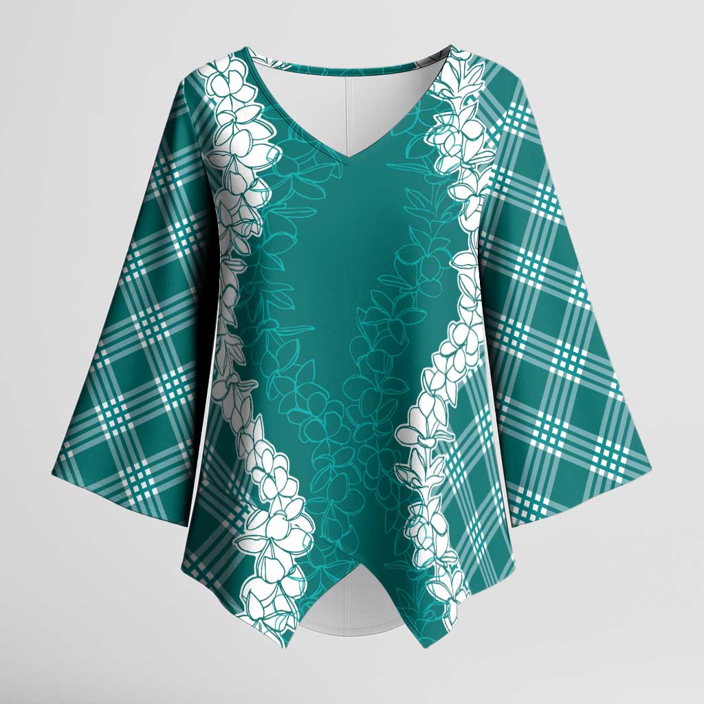 Hawaii Aloha Plumeria Lei Teal Palaka Kimono Sleeve Blouse - Polynesian Pride