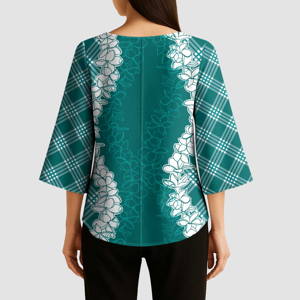Hawaii Aloha Plumeria Lei Teal Palaka Kimono Sleeve Blouse - Polynesian Pride