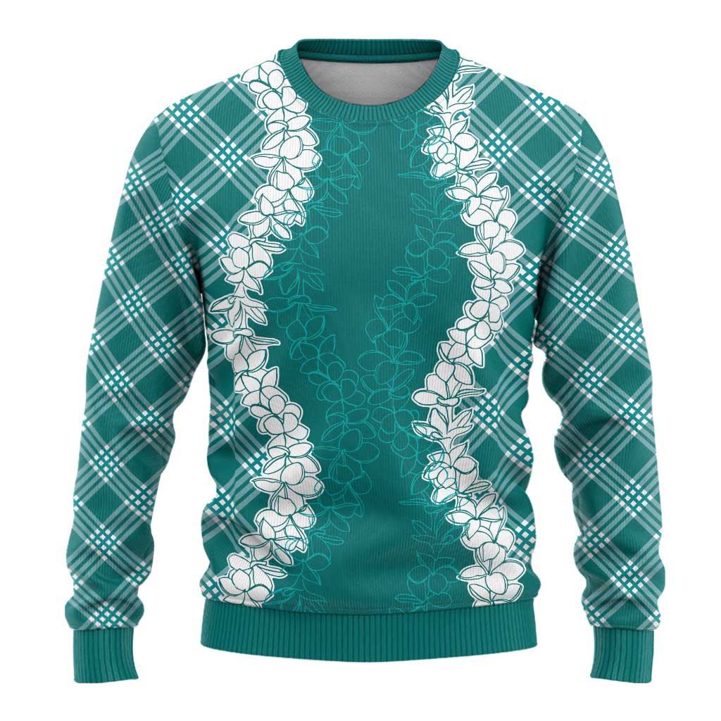 Hawaii Aloha Plumeria Lei Teal Palaka Ugly Christmas Sweater - Polynesian Pride