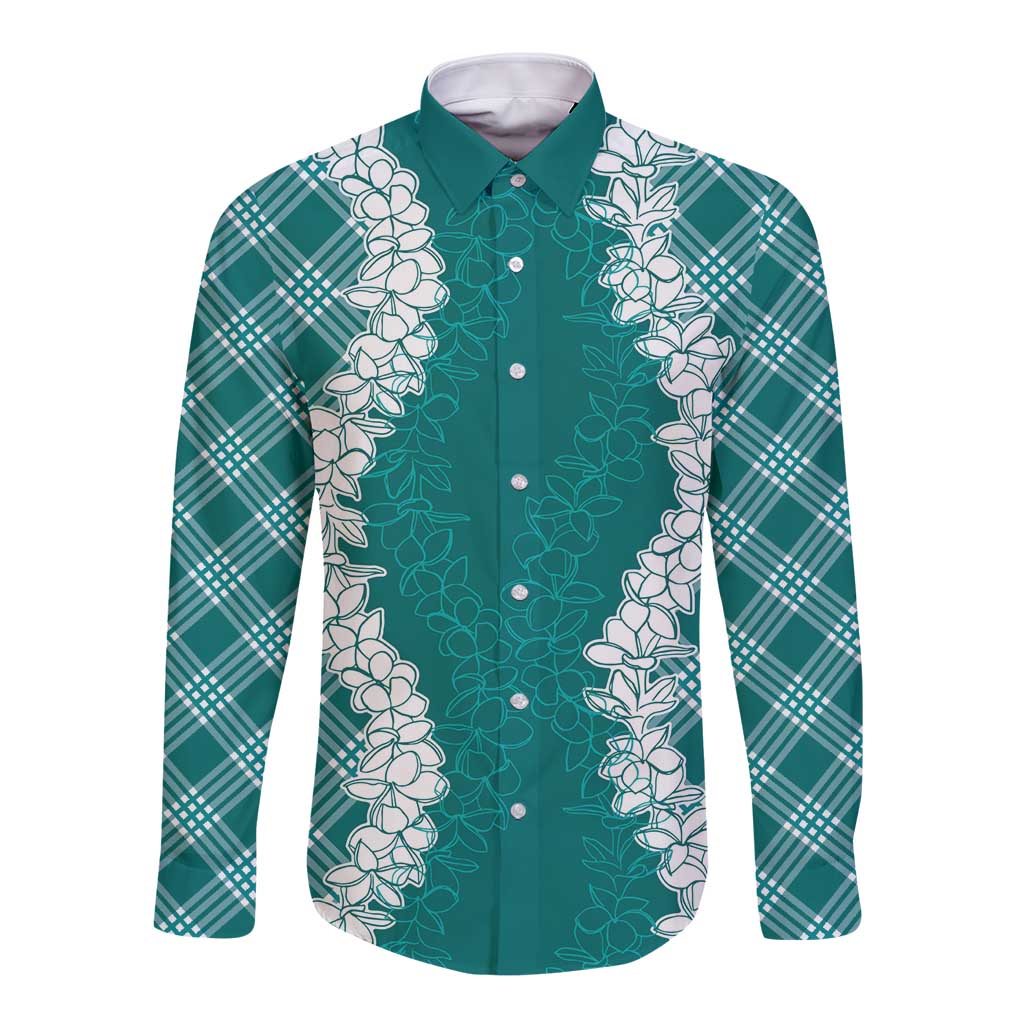Hawaii Aloha Plumeria Lei Teal Palaka Long Sleeve Button Shirt - Polynesian Pride