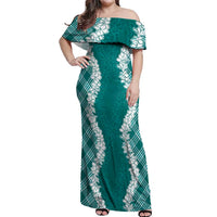 Hawaii Aloha Plumeria Lei Teal Palaka Off Shoulder Maxi Dress - Polynesian Pride
