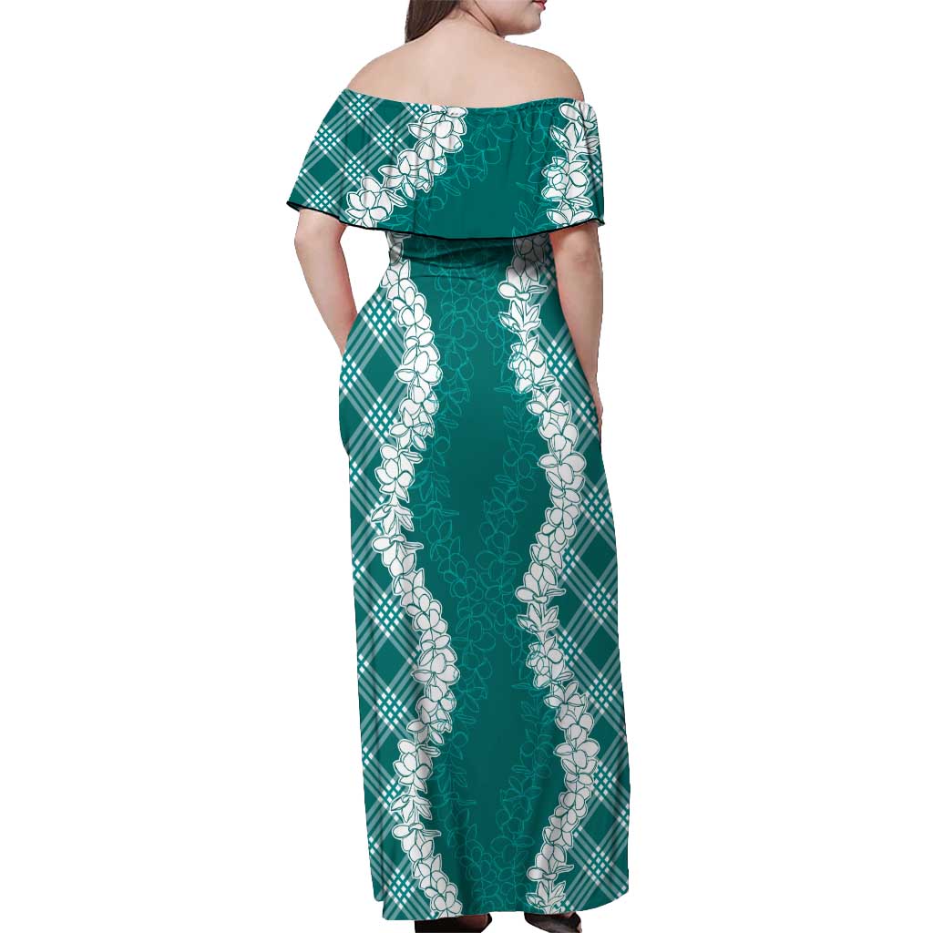 Hawaii Aloha Plumeria Lei Teal Palaka Off Shoulder Maxi Dress - Polynesian Pride