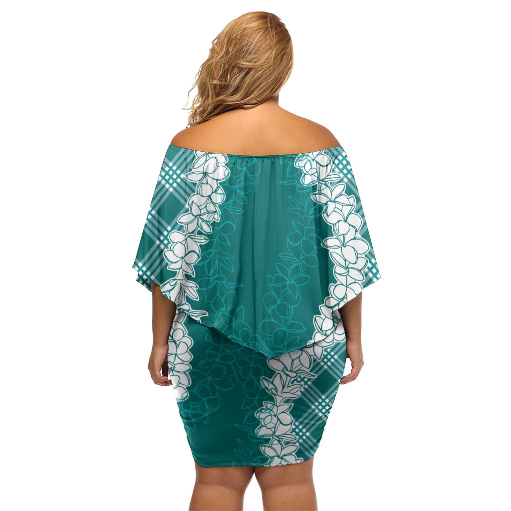 Hawaii Aloha Plumeria Lei Teal Palaka Off Shoulder Short Dress - Polynesian Pride