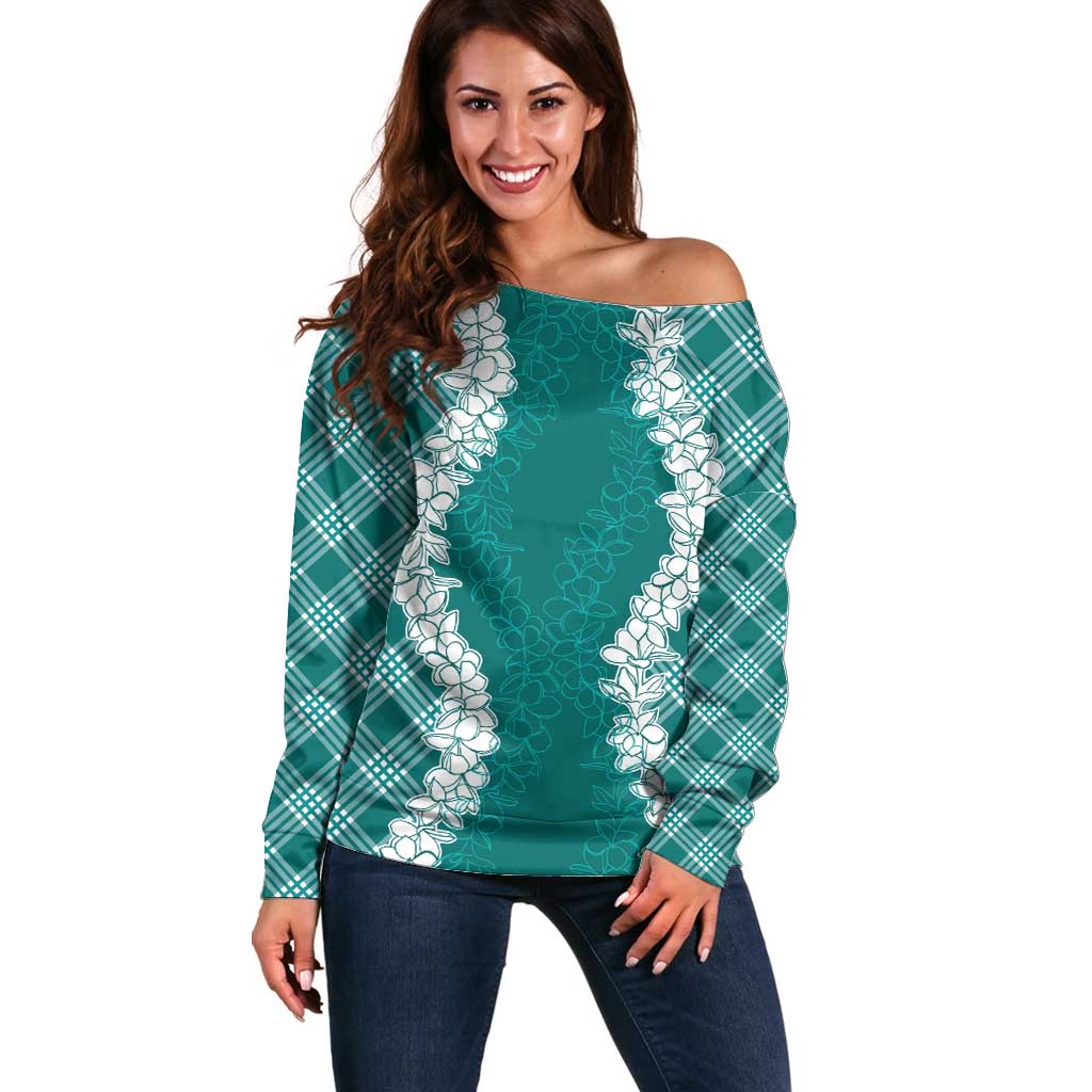 Hawaii Aloha Plumeria Lei Teal Palaka Off Shoulder Sweater - Polynesian Pride