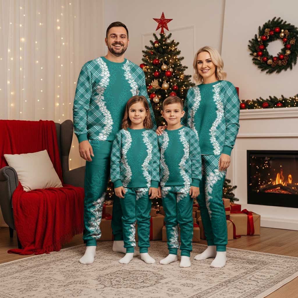 Hawaii Aloha Plumeria Lei Teal Palaka Christmas Pajama Set - Polynesian Pride