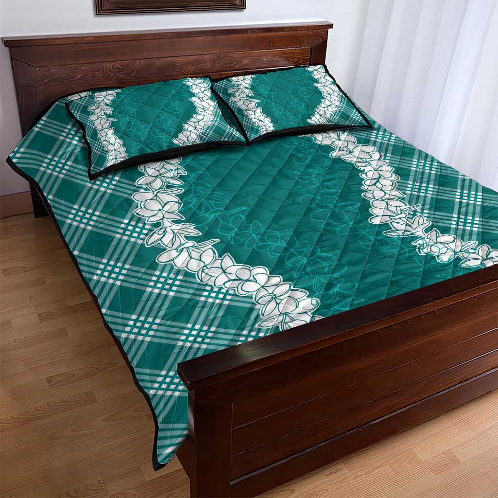 Hawaii Aloha Plumeria Lei Teal Palaka Quilt Bed Set - Polynesian Pride
