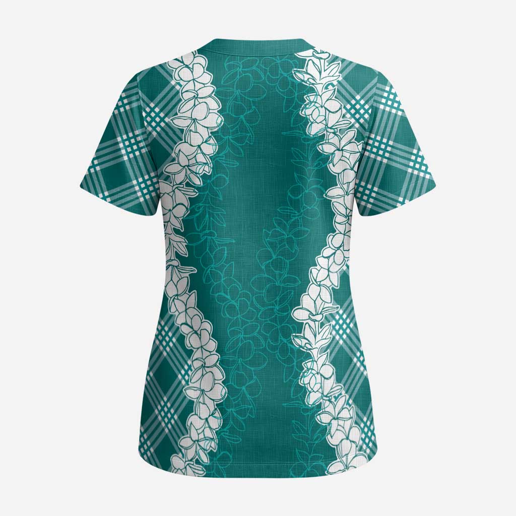 Hawaii Aloha Plumeria Lei Teal Palaka Scrub Top - Polynesian Pride