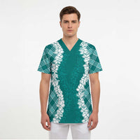 Hawaii Aloha Plumeria Lei Teal Palaka Scrub Top - Polynesian Pride