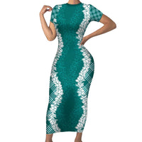 Hawaii Aloha Plumeria Lei Teal Palaka Short Sleeve Bodycon Dress - Polynesian Pride