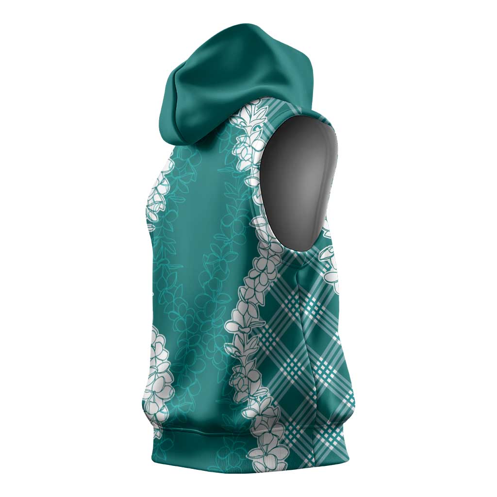 Hawaii Aloha Plumeria Lei Teal Palaka Sleeveless Hoodie - Polynesian Pride