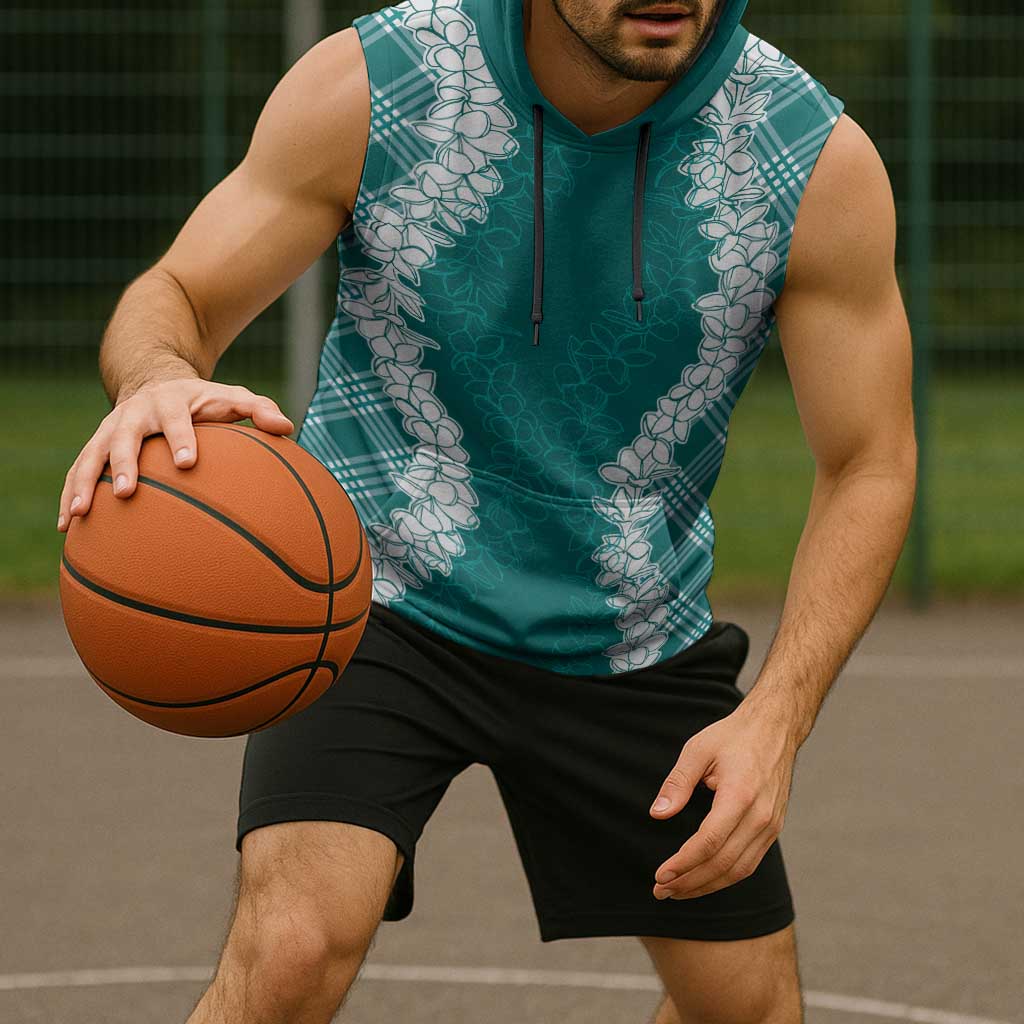 Hawaii Aloha Plumeria Lei Teal Palaka Sleeveless Hoodie - Polynesian Pride