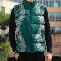 Hawaii Aloha Plumeria Lei Teal Palaka Sleeveless Puffer Jacket - Polynesian Pride