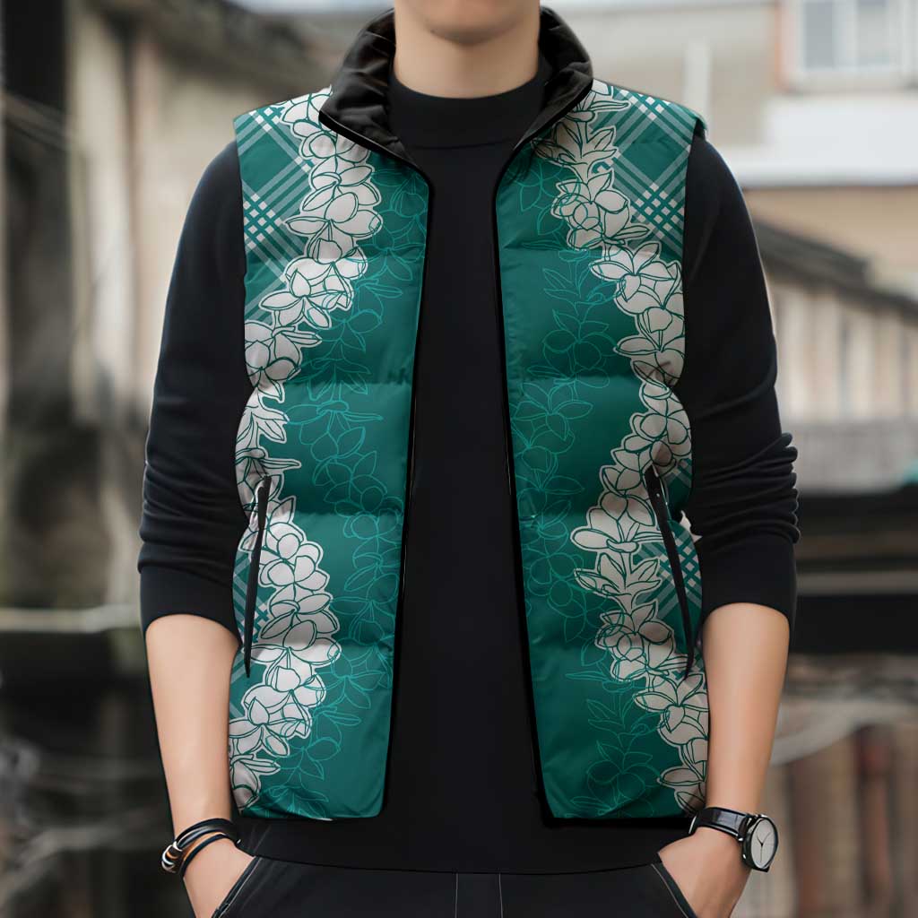 Hawaii Aloha Plumeria Lei Teal Palaka Sleeveless Puffer Jacket - Polynesian Pride