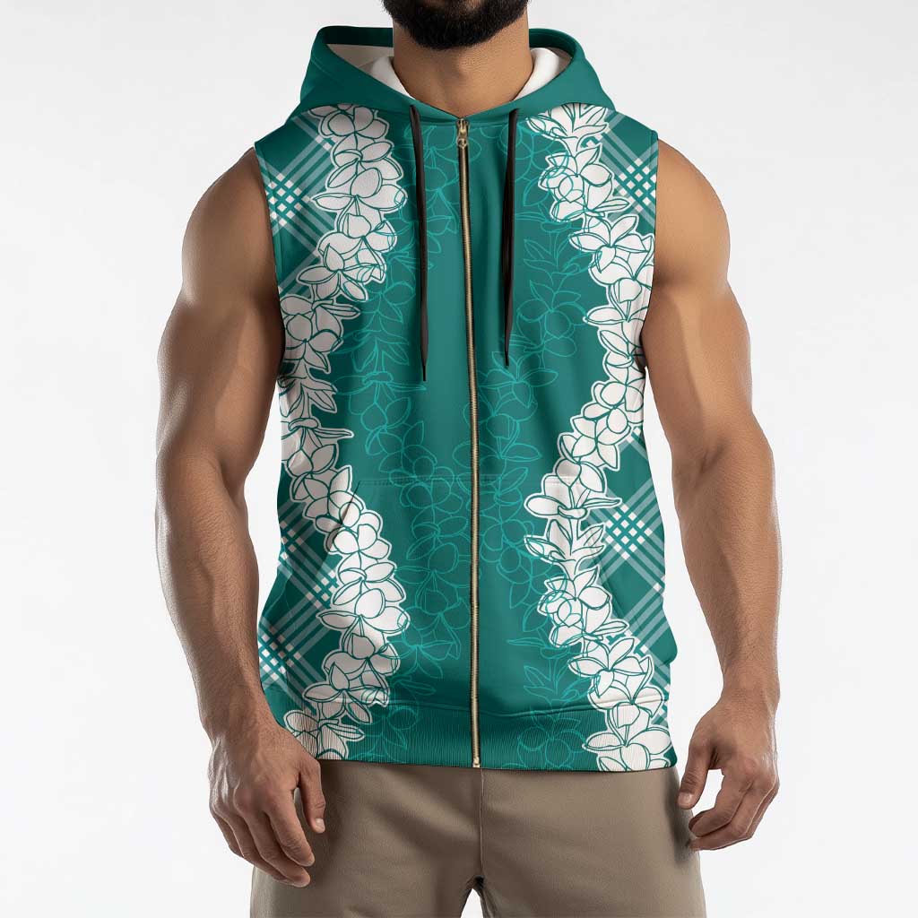 Hawaii Aloha Plumeria Lei Teal Palaka Sleeveless Zip Hoodie - Polynesian Pride