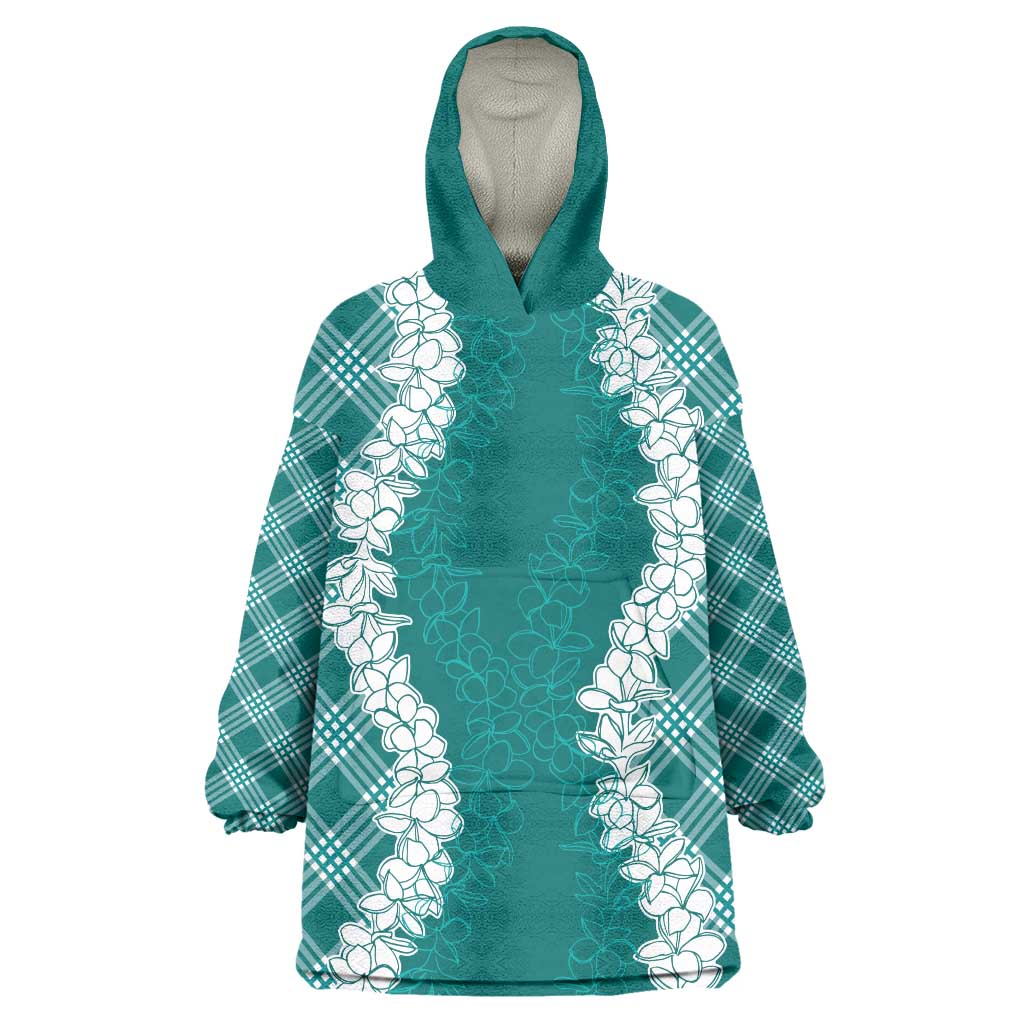 Hawaii Aloha Plumeria Lei Teal Palaka Wearable Blanket Hoodie - Polynesian Pride