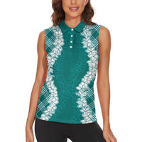 Hawaii Aloha Plumeria Lei Teal Palaka Women Sleeveless Polo Shirt - Polynesian Pride