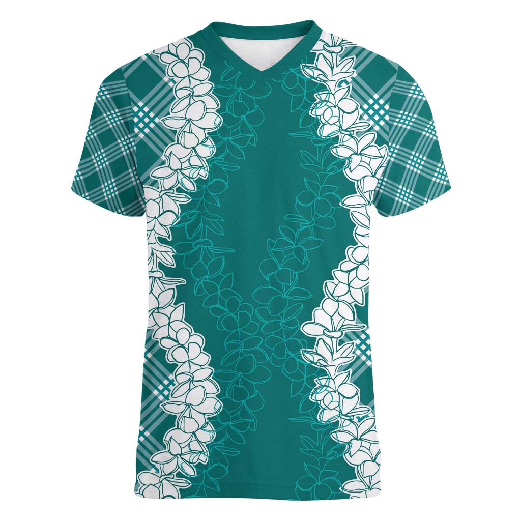 Hawaii Aloha Plumeria Lei Teal Palaka Women V-Neck T-Shirt - Polynesian Pride