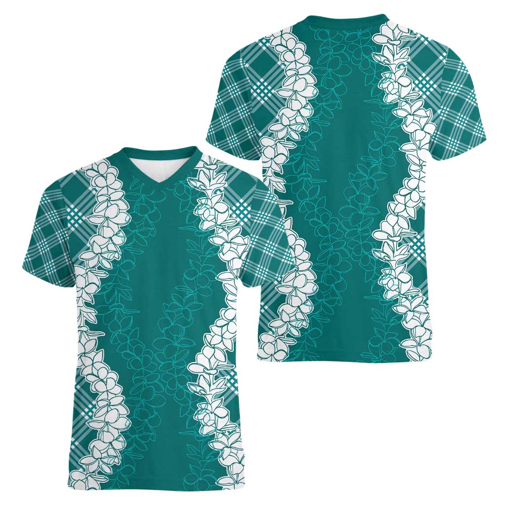 Hawaii Aloha Plumeria Lei Teal Palaka Women V-Neck T-Shirt - Polynesian Pride