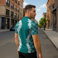 Hawaii Aloha Plumeria Lei Teal Palaka Zipper Polo Shirt - Polynesian Pride