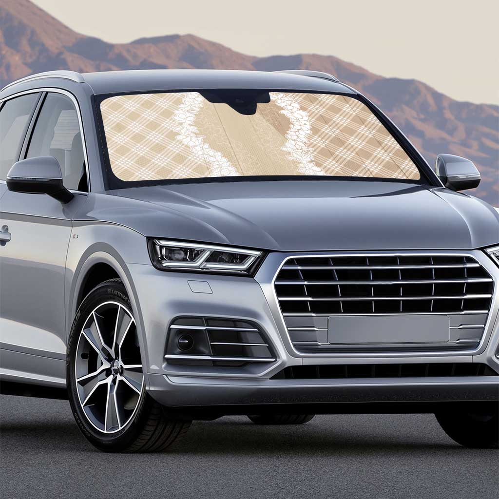 Hawaii Aloha Plumeria Lei Beige Palaka Auto Sun Shade - Polynesian Pride