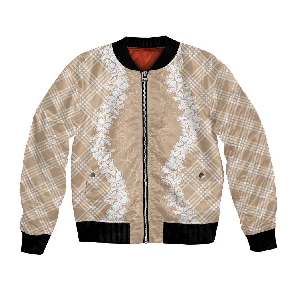 Hawaii Aloha Plumeria Lei Beige Palaka Bomber Jacket - Polynesian Pride