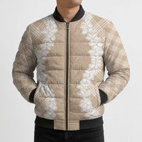 Hawaii Aloha Plumeria Lei Beige Palaka Bomber Puffer Jacket - Polynesian Pride