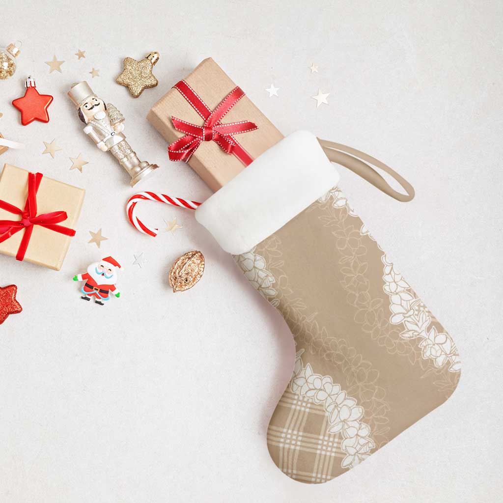 Hawaii Aloha Plumeria Lei Beige Palaka Christmas Stocking - Polynesian Pride