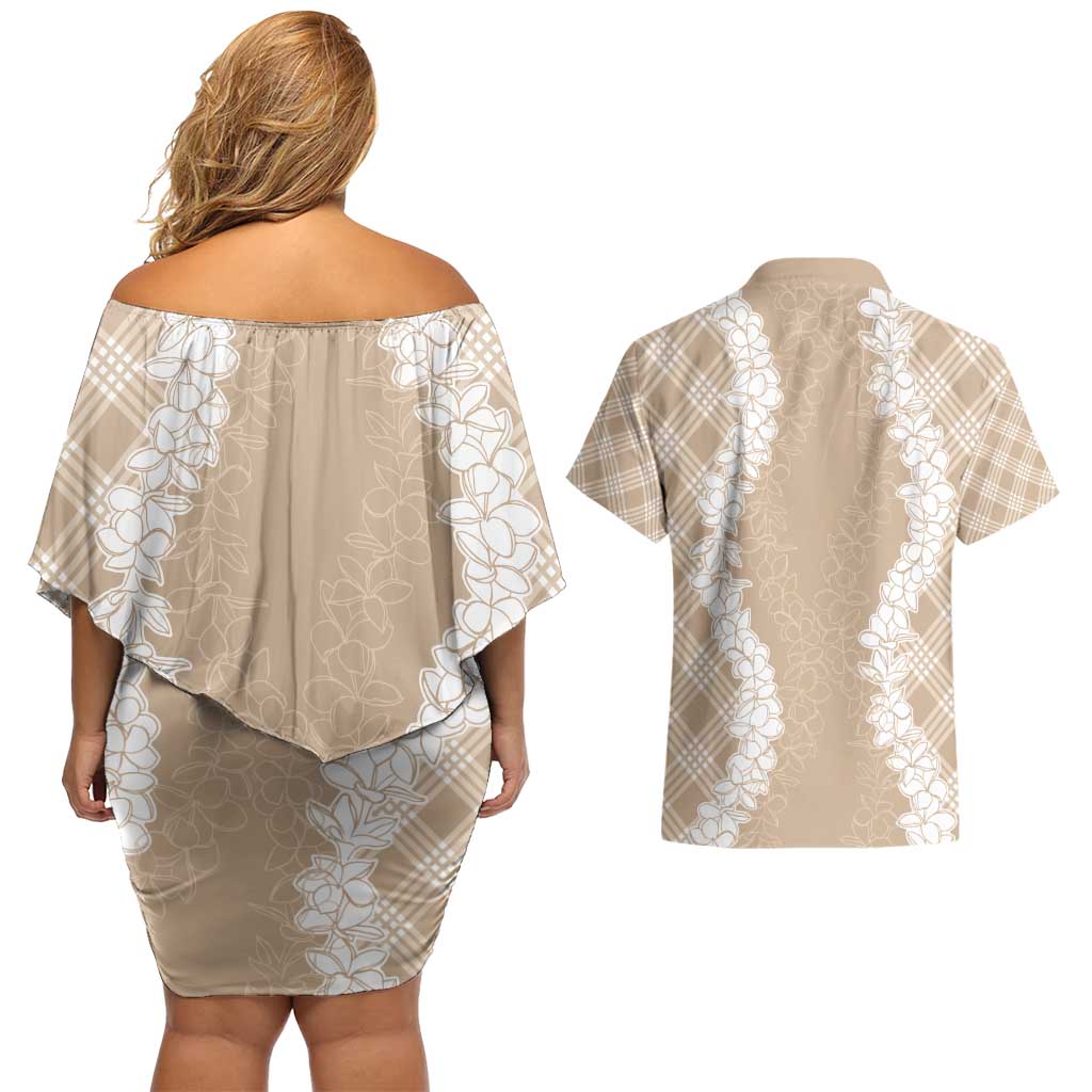Hawaii Aloha Plumeria Lei Beige Palaka Couples Matching Off Shoulder Short Dress and Hawaiian Shirt - Polynesian Pride