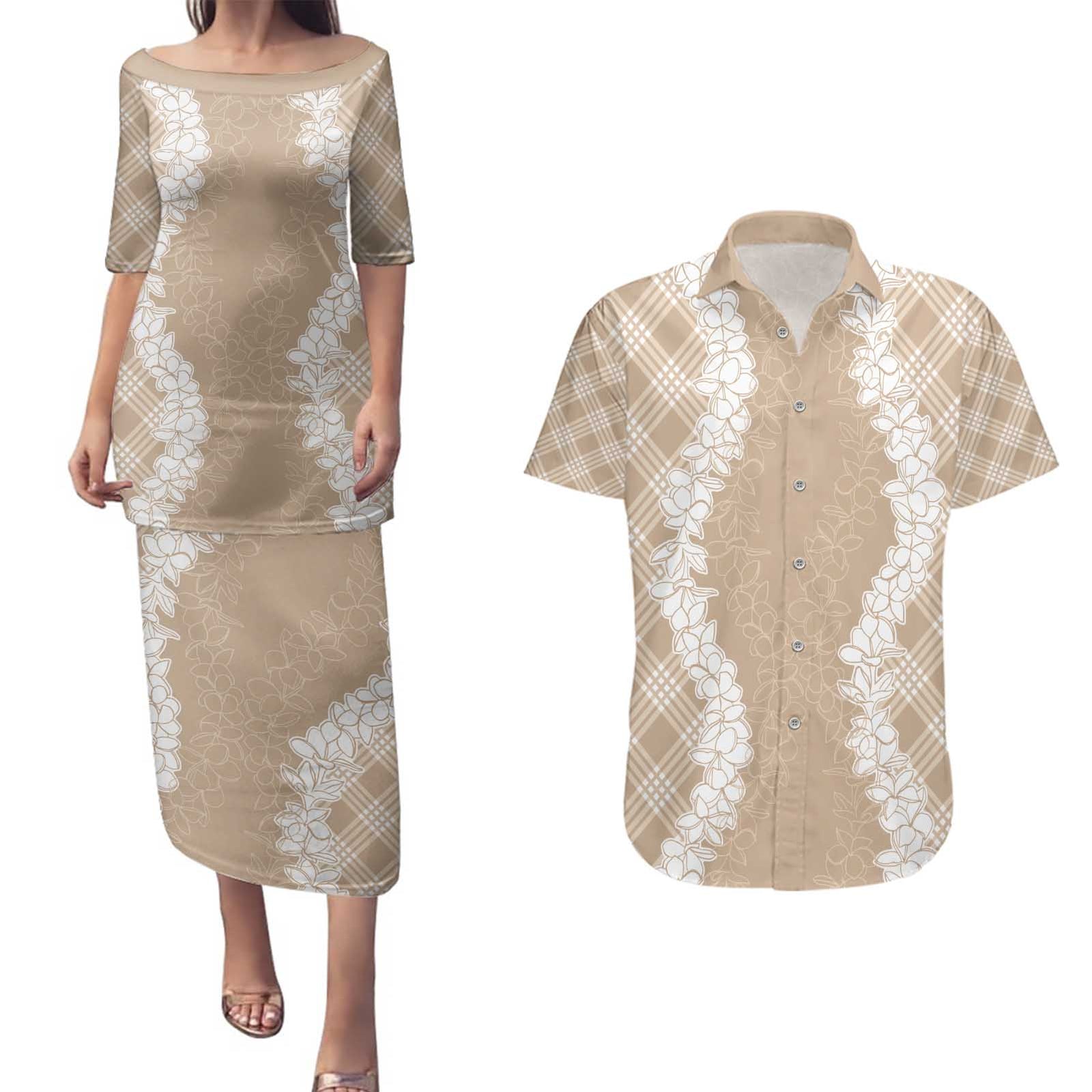 Hawaii Aloha Plumeria Lei Beige Palaka Couples Matching Puletasi and Hawaiian Shirt - Polynesian Pride