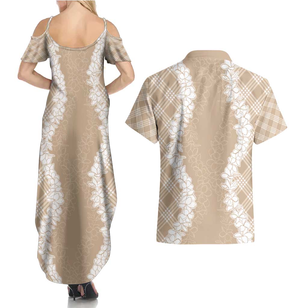 Hawaii Aloha Plumeria Lei Beige Palaka Couples Matching Summer Maxi Dress and Hawaiian Shirt - Polynesian Pride