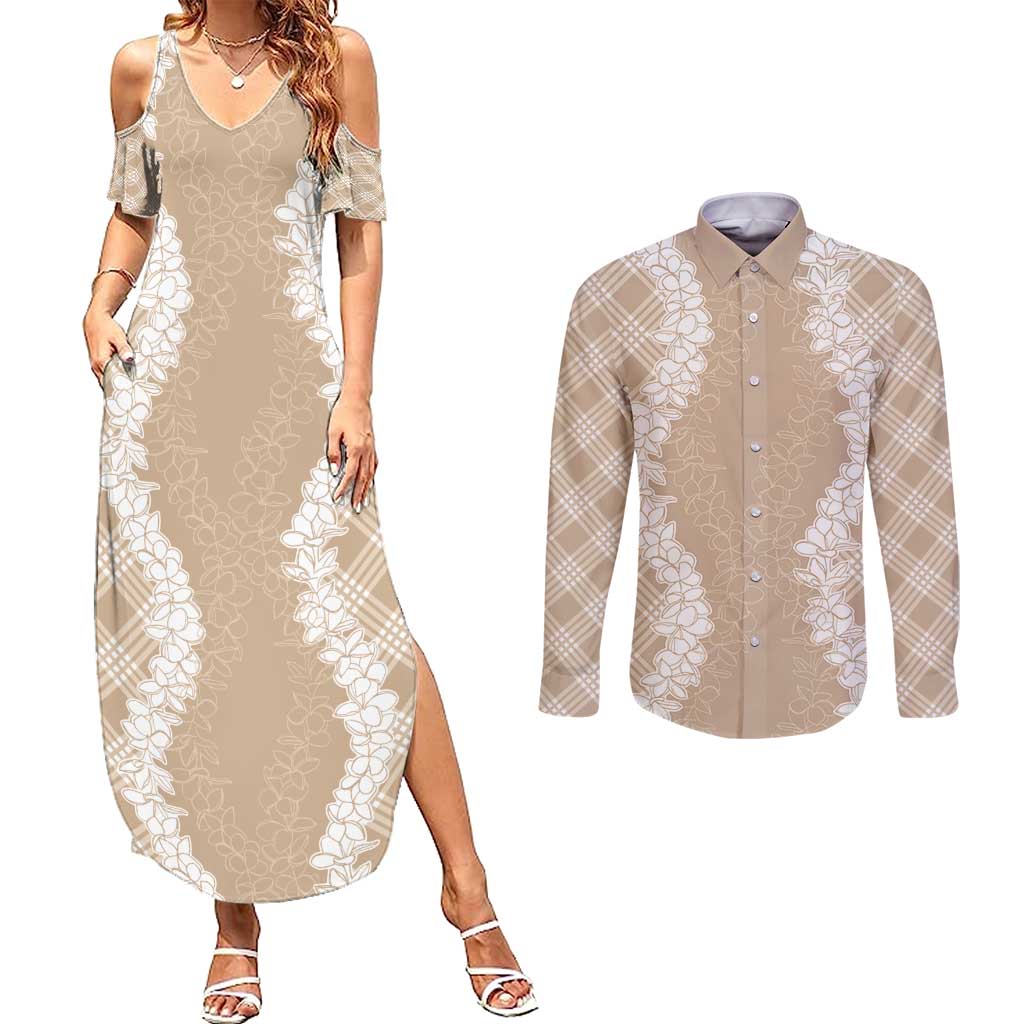 Hawaii Aloha Plumeria Lei Beige Palaka Couples Matching Summer Maxi Dress and Long Sleeve Button Shirt - Polynesian Pride