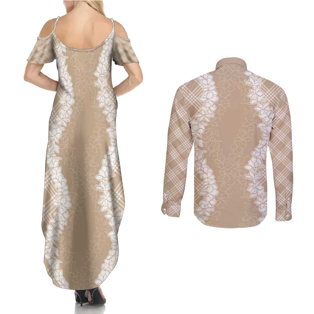 Hawaii Aloha Plumeria Lei Beige Palaka Couples Matching Summer Maxi Dress and Long Sleeve Button Shirt - Polynesian Pride