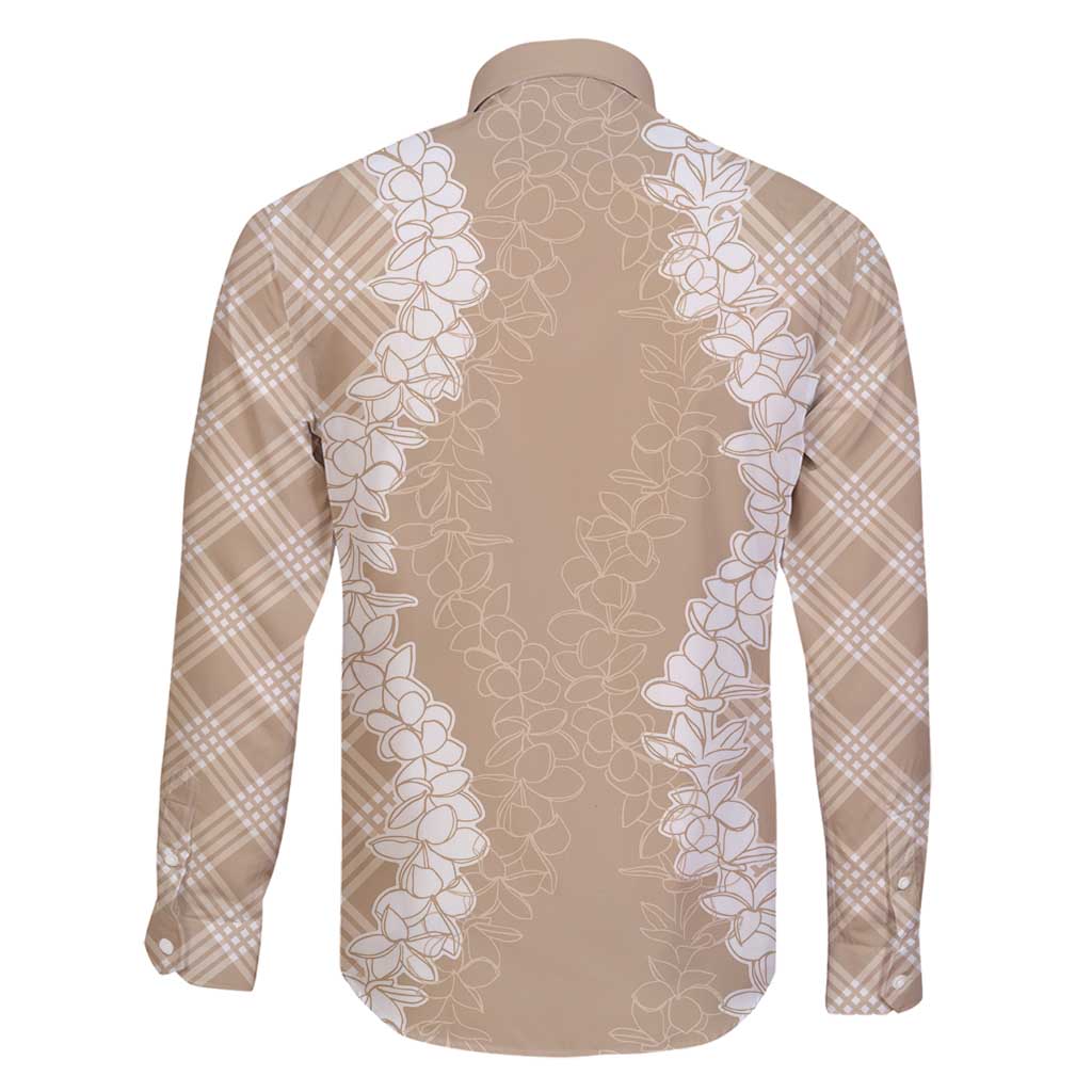 Hawaii Aloha Plumeria Lei Beige Palaka Family Matching Long Sleeve Bodycon Dress and Hawaiian Shirt - Polynesian Pride