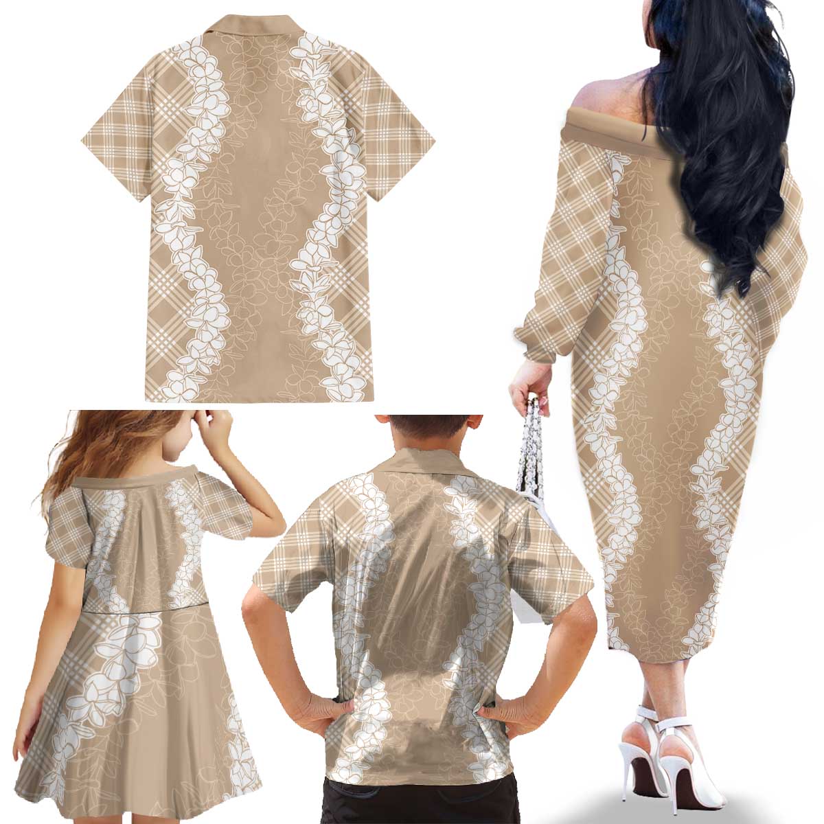 Hawaii Aloha Plumeria Lei Beige Palaka Family Matching Off The Shoulder Long Sleeve Dress and Hawaiian Shirt - Polynesian Pride