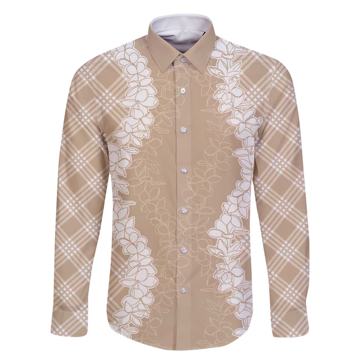 Hawaii Aloha Plumeria Lei Beige Palaka Family Matching Off The Shoulder Long Sleeve Dress and Hawaiian Shirt - Polynesian Pride