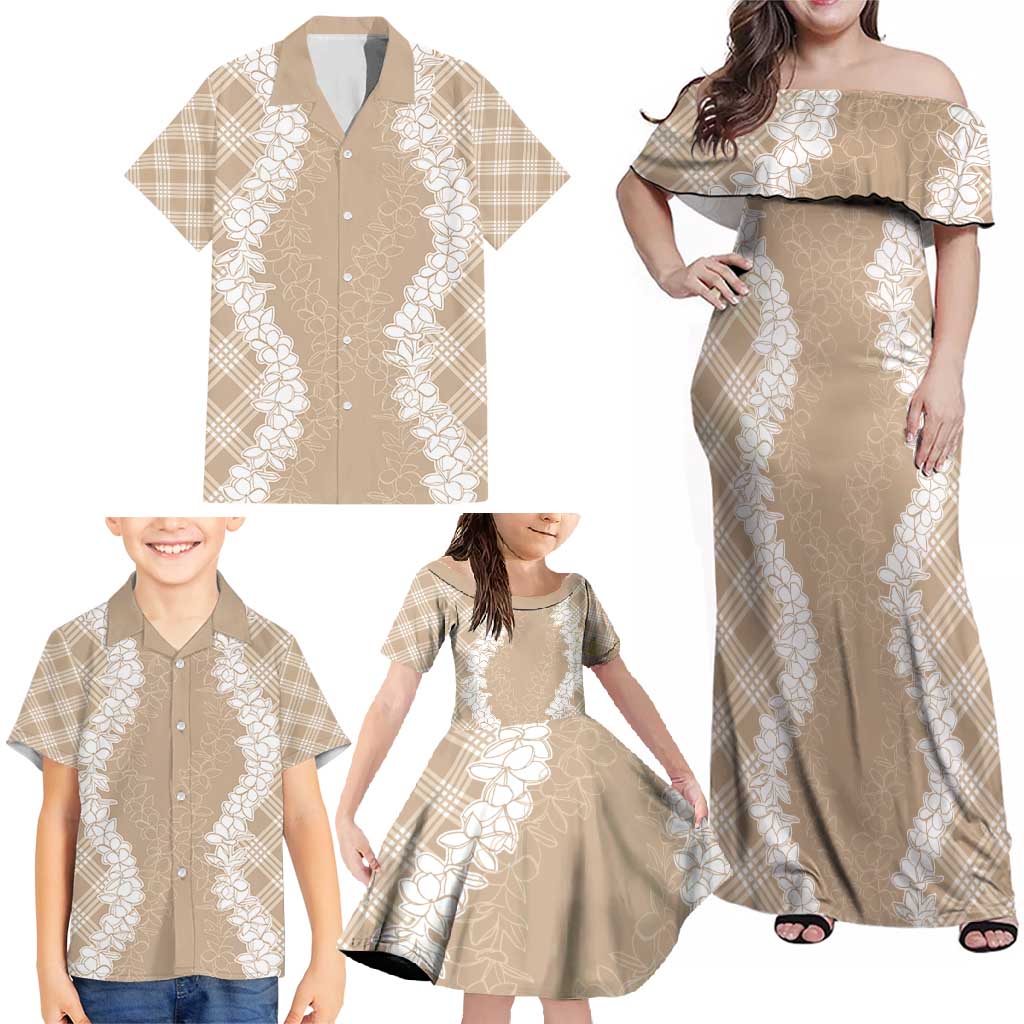 Hawaii Aloha Plumeria Lei Beige Palaka Family Matching Off Shoulder Maxi Dress and Hawaiian Shirt - Polynesian Pride