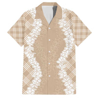 Hawaii Aloha Plumeria Lei Beige Palaka Family Matching Off Shoulder Short Dress and Hawaiian Shirt - Polynesian Pride
