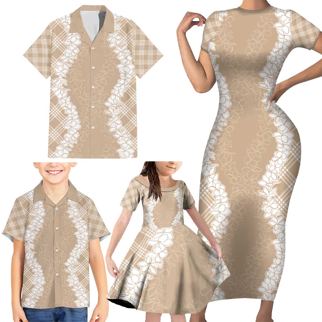 Hawaii Aloha Plumeria Lei Beige Palaka Family Matching Short Sleeve Bodycon Dress and Hawaiian Shirt - Polynesian Pride