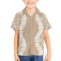 Hawaii Aloha Plumeria Lei Beige Palaka Family Matching Short Sleeve Bodycon Dress and Hawaiian Shirt - Polynesian Pride