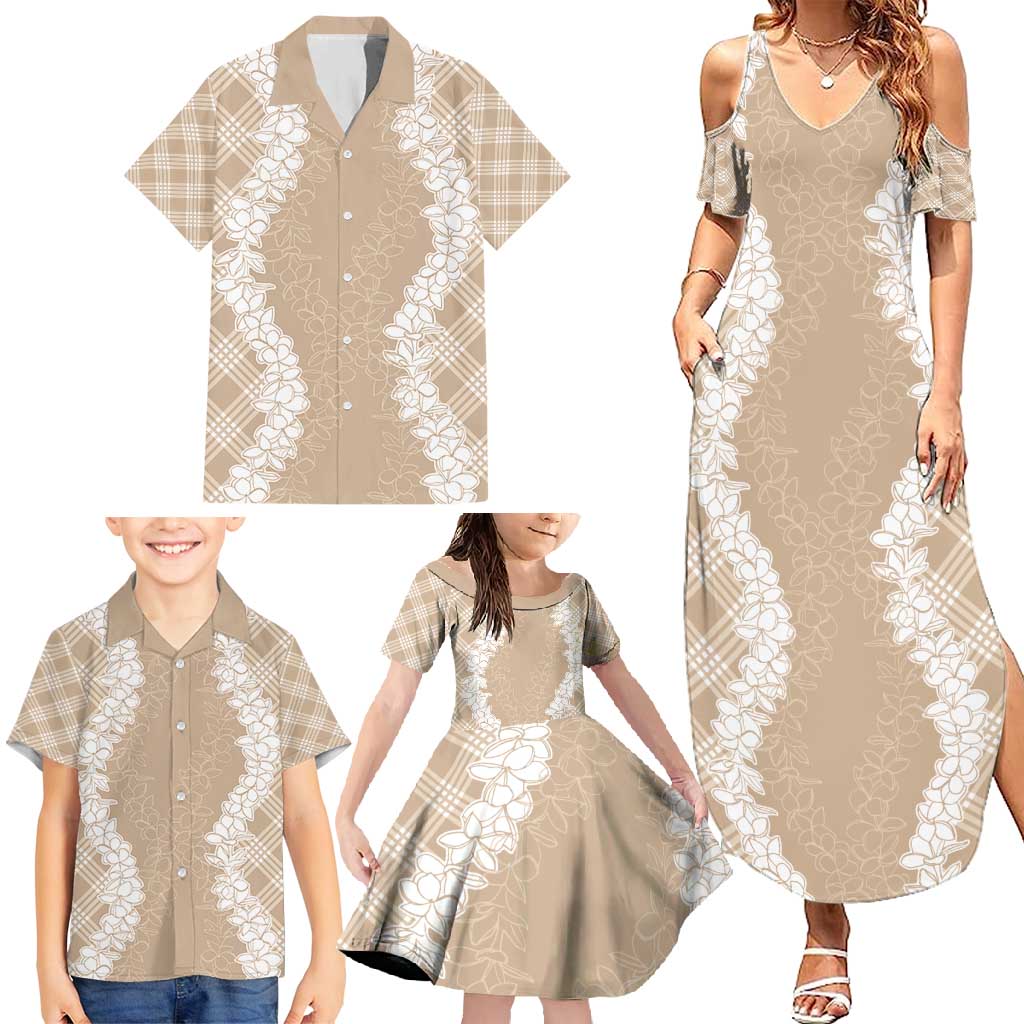 Hawaii Aloha Plumeria Lei Beige Palaka Family Matching Summer Maxi Dress and Hawaiian Shirt - Polynesian Pride
