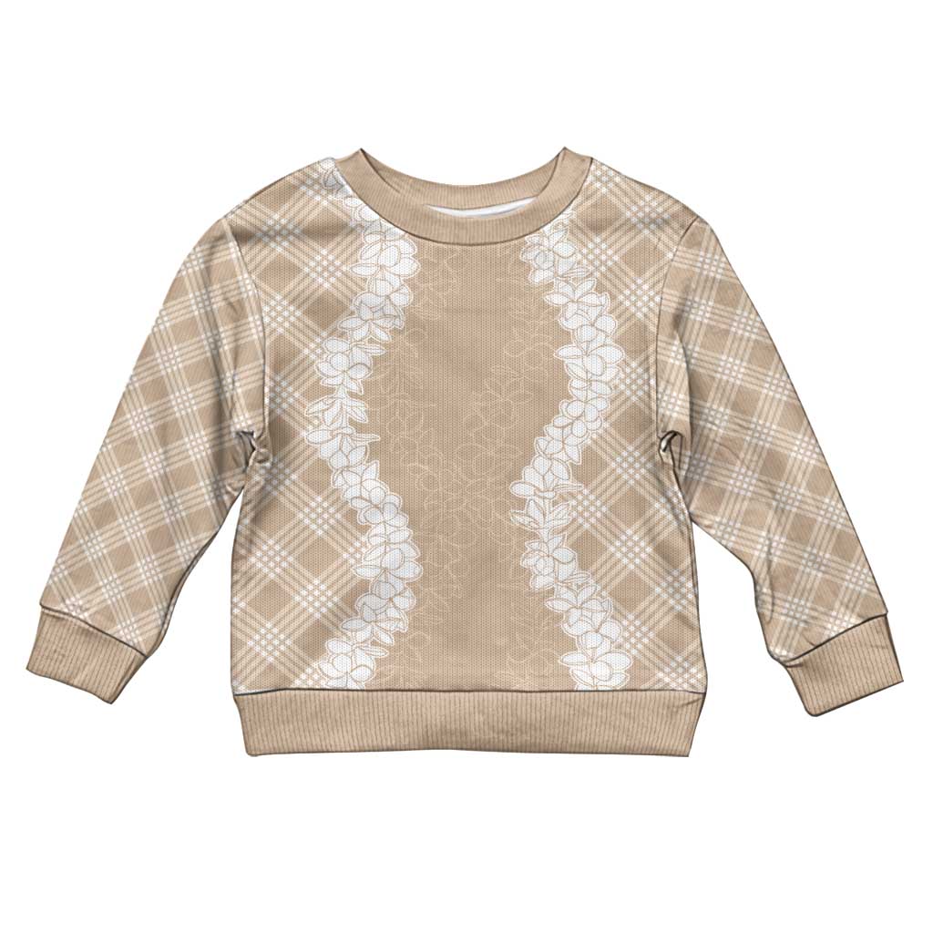 Hawaii Aloha Plumeria Lei Beige Palaka Kid Ugly Christmas Sweater - Polynesian Pride