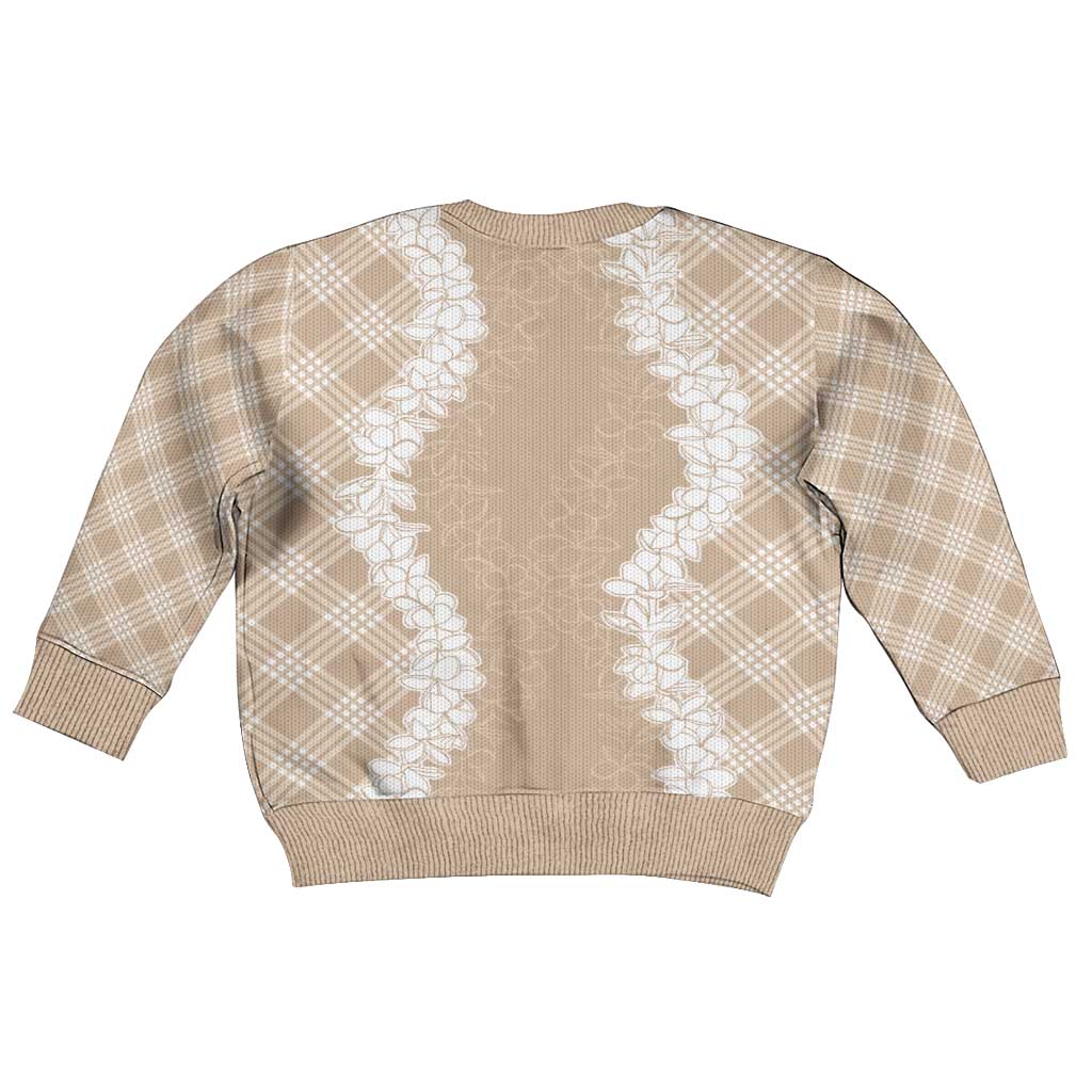 Hawaii Aloha Plumeria Lei Beige Palaka Kid Ugly Christmas Sweater - Polynesian Pride