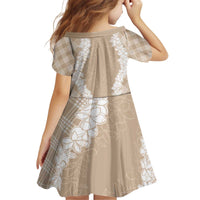 Hawaii Aloha Plumeria Lei Beige Palaka Kid Short Sleeve Dress - Polynesian Pride