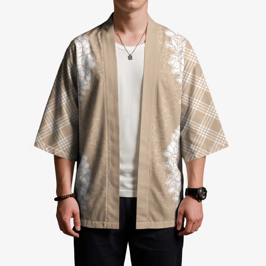 Hawaii Aloha Plumeria Lei Beige Palaka Kimono - Polynesian Pride
