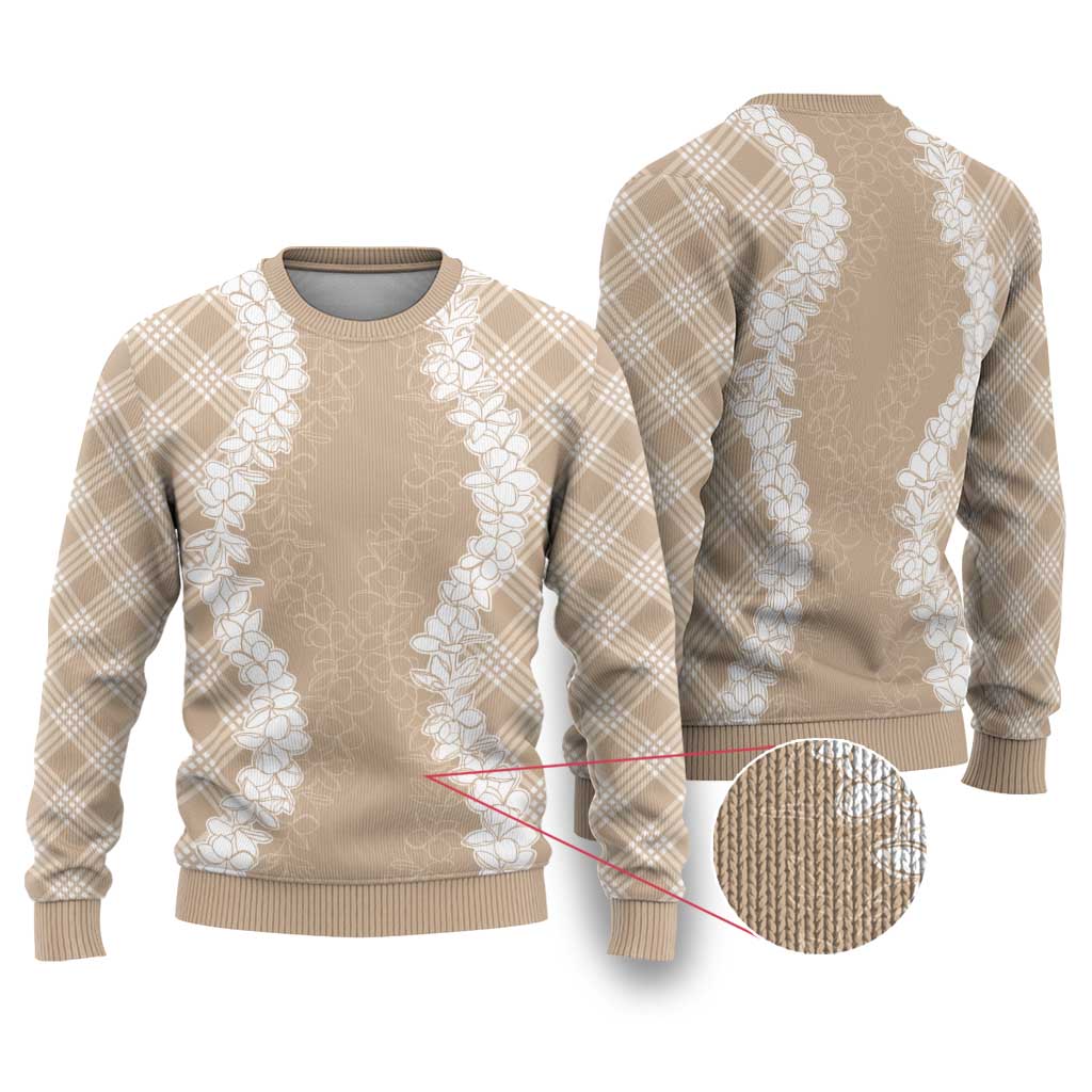 Hawaii Aloha Plumeria Lei Beige Palaka Ugly Christmas Sweater - Polynesian Pride