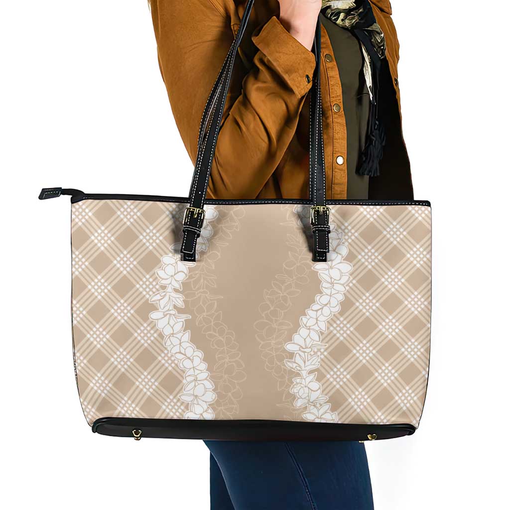 Hawaii Aloha Plumeria Lei Beige Palaka Leather Tote Bag - Polynesian Pride