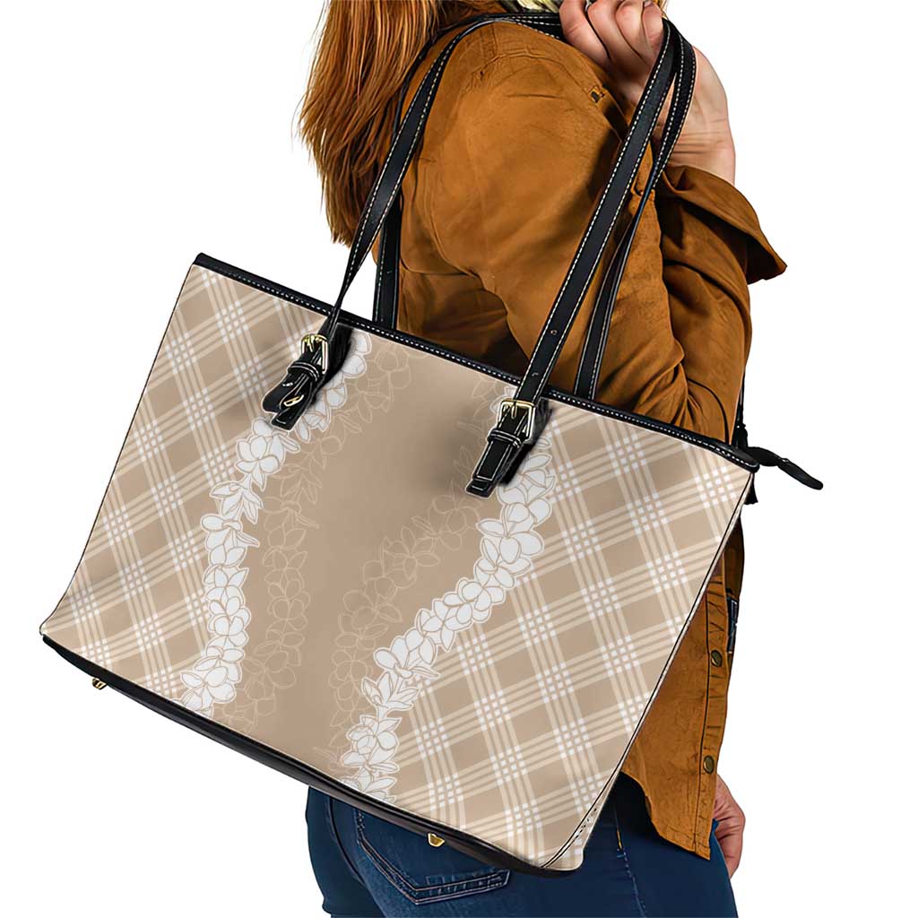 Hawaii Aloha Plumeria Lei Beige Palaka Leather Tote Bag - Polynesian Pride