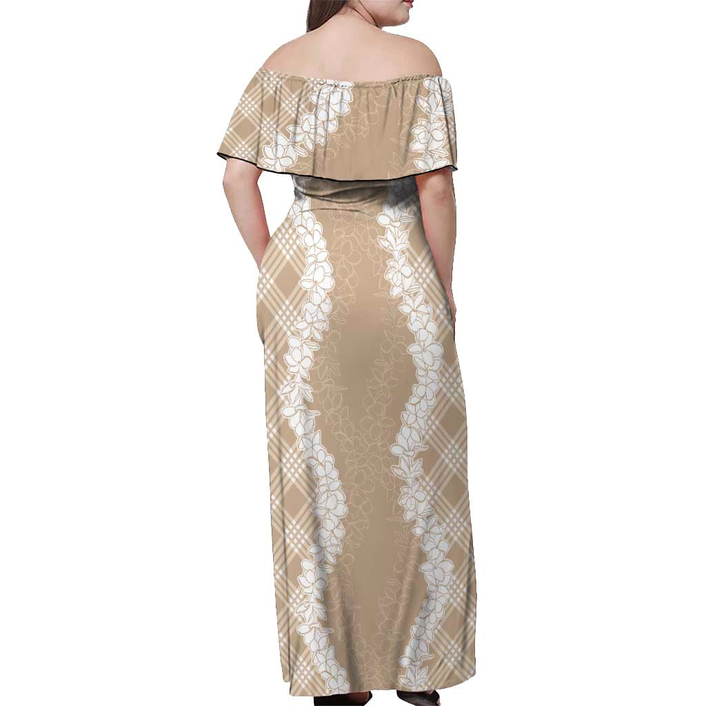 Hawaii Aloha Plumeria Lei Beige Palaka Off Shoulder Maxi Dress - Polynesian Pride