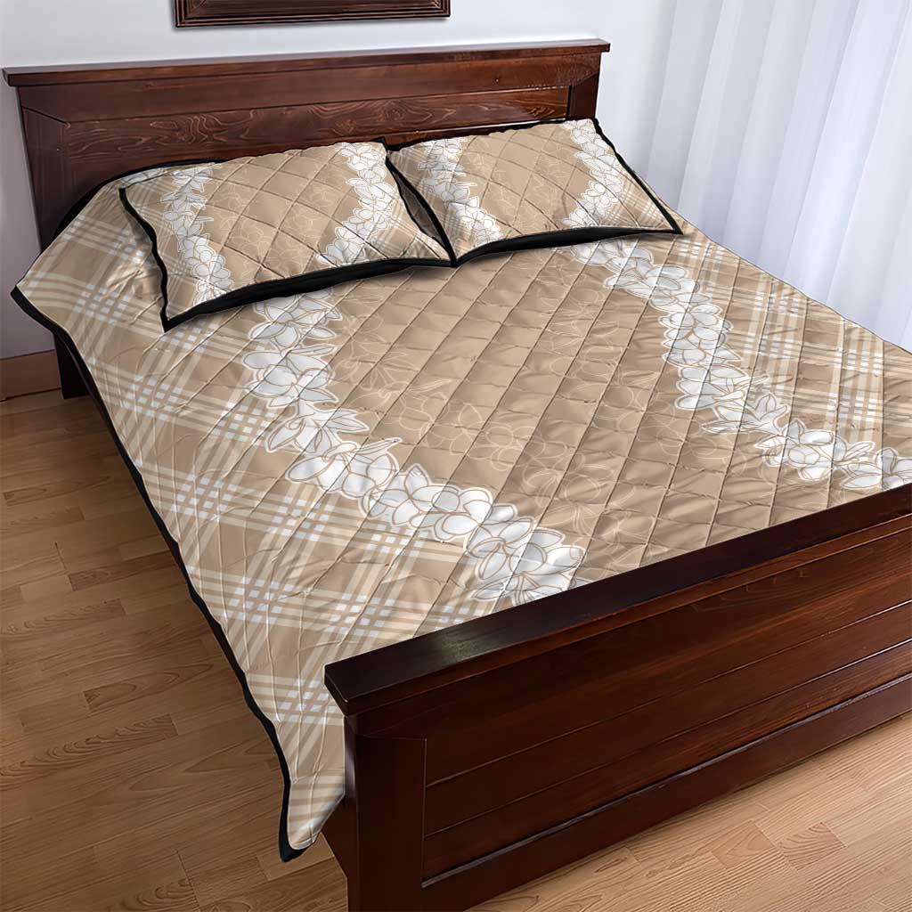 Hawaii Aloha Plumeria Lei Beige Palaka Quilt Bed Set - Polynesian Pride
