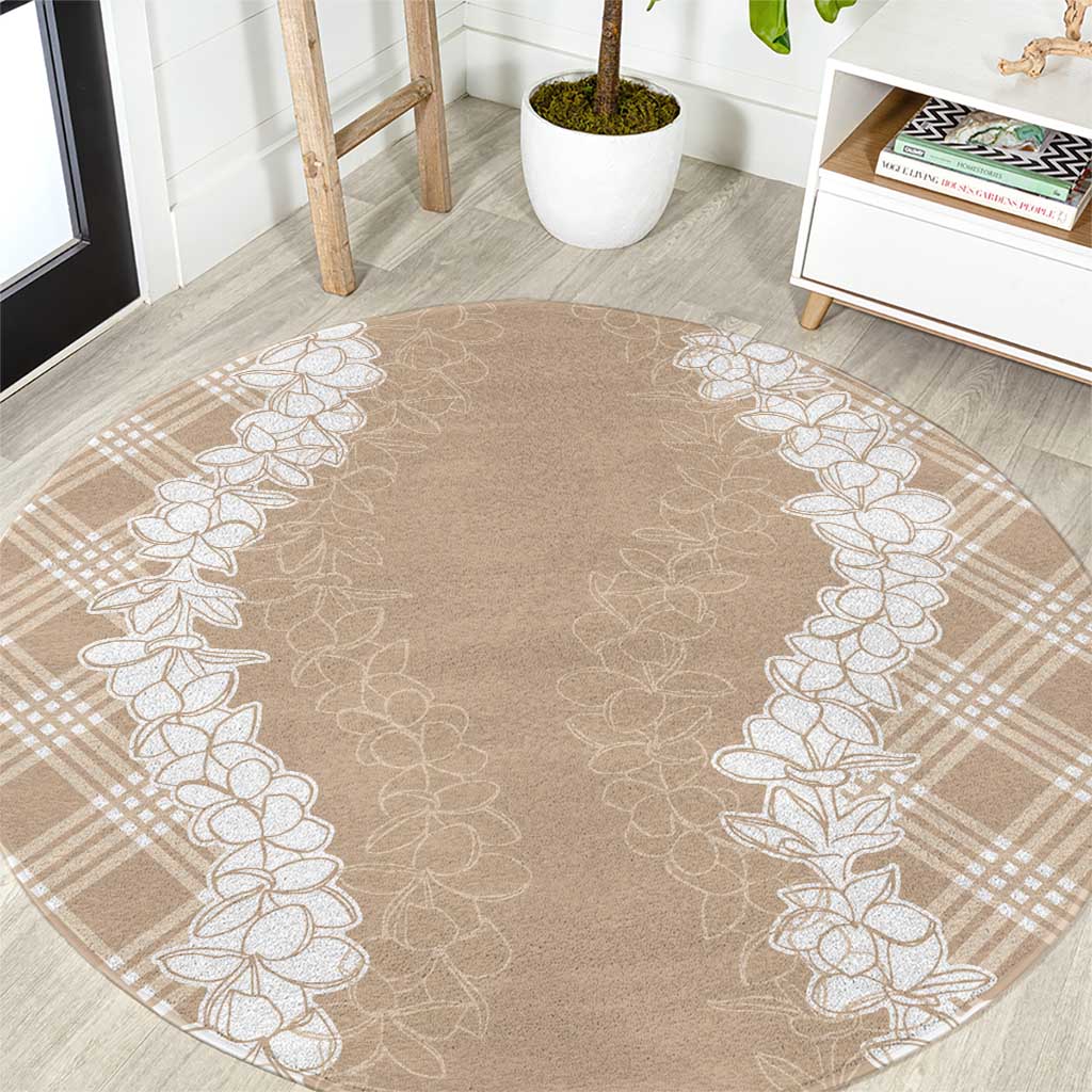 Hawaii Aloha Plumeria Lei Beige Palaka Round Carpet - Polynesian Pride